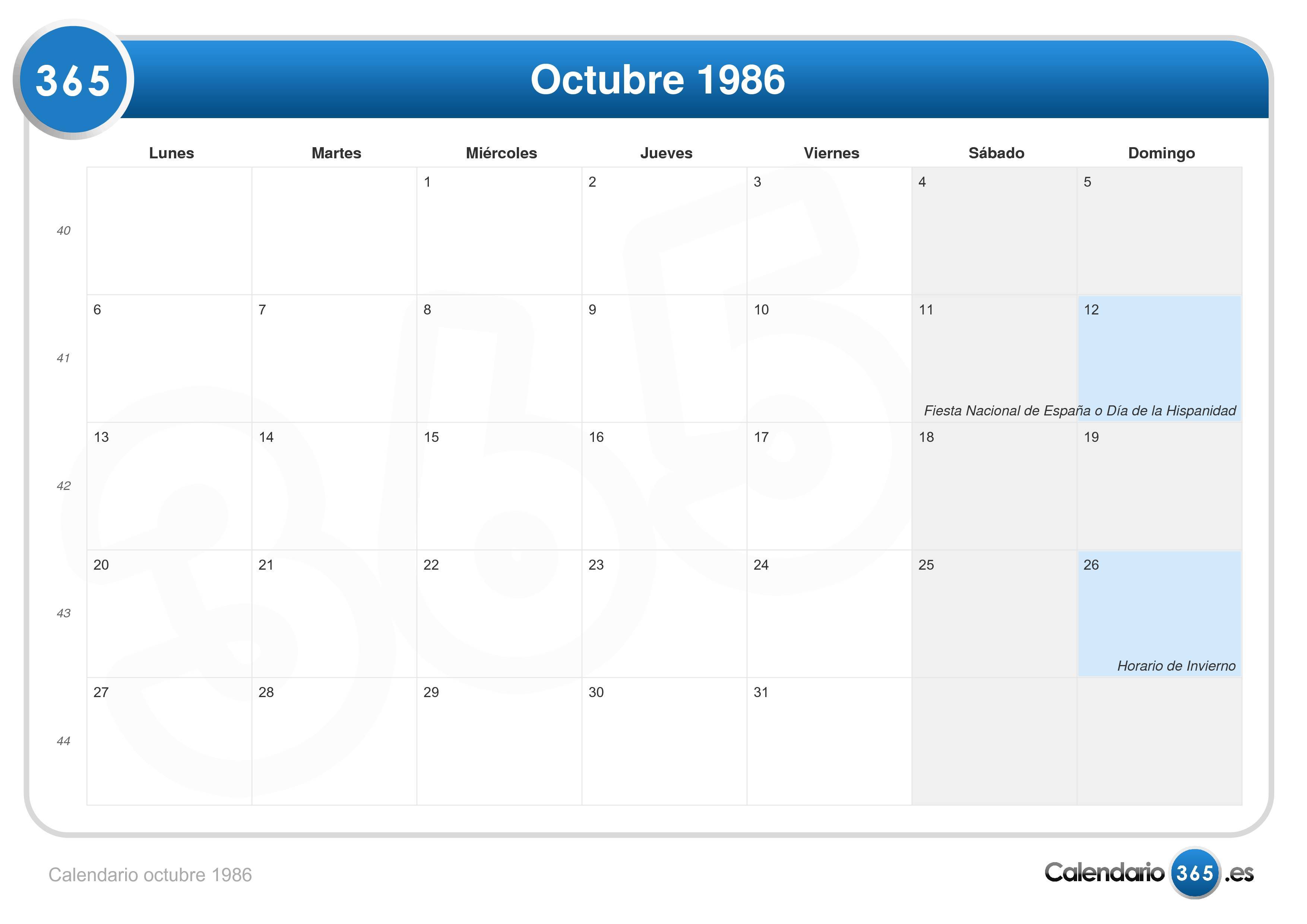 Calendario octubre 1986