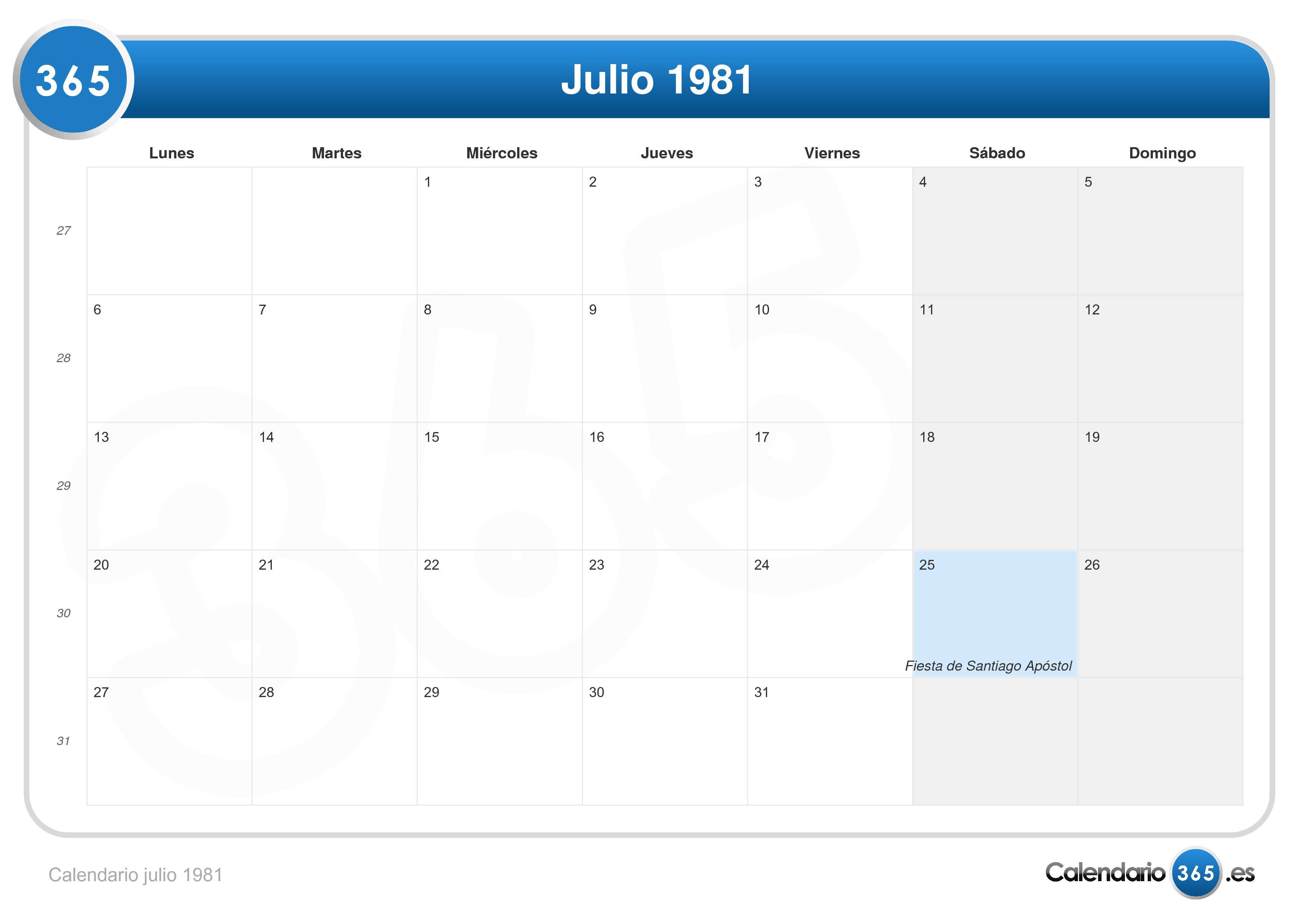 Calendario julio 1981